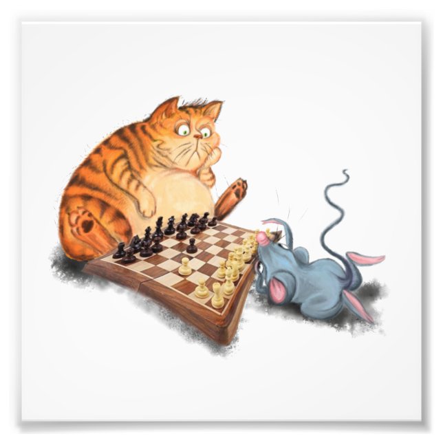Cat and Mouse Playing Schach Cartoon Zeichn Funny Fotodruck (Vorne)