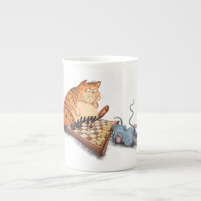Cat and Mouse Playing Schach Cartoon Zeichn Funny Prozellantasse (Vorderseite)