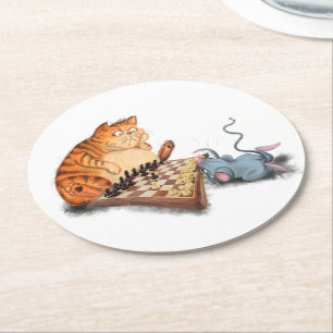 Cat and Mouse Playing Schach Cartoon Zeichn Funny  Runder Pappuntersetzer