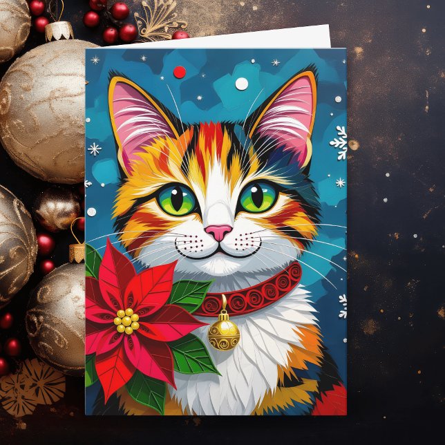 Cat and Poinsettia Personalized Christmas Feiertagskarte (Von Creator hochgeladen)