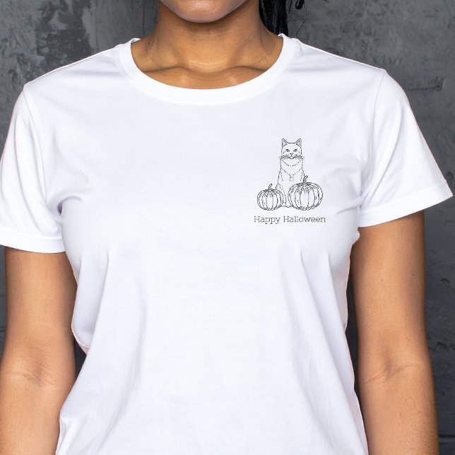 Cat and Pumpkins Minimal Line Art Happy Halloween T-Shirt (Disclaimer: This image is a digital mockup.)