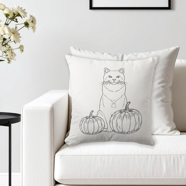 Cat and Pumpkins Minimalistisch Line Art Herbst Kissen (Von Creator hochgeladen)