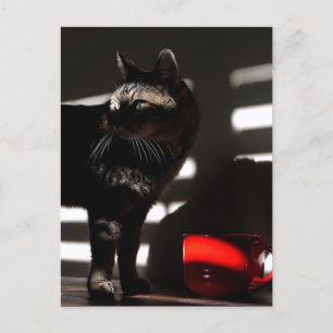 Cat and Red Cup Art Fotografie wie ein Filmauftrit Postkarte