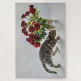 Cat and Red Roses – Realistic Oil Painting Print