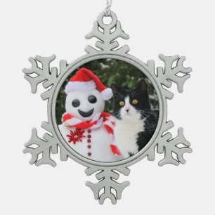 Cat and Santa Snowman Christmas Funny Foto - Schneeflocken Zinn-Ornament