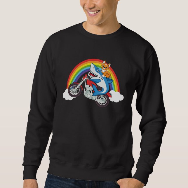 Cat And Shark Riding Motorcycle With Rainbow Graph Sweatshirt (Vorderseite)
