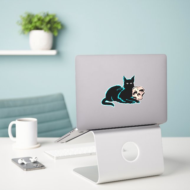 Cat and skull Halloween Illustration Aufkleber (Laptop auf Schreibtisch)