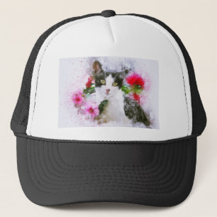 Cat Animal Art Abstrakte Blume Aquarellbilder Truckerkappe