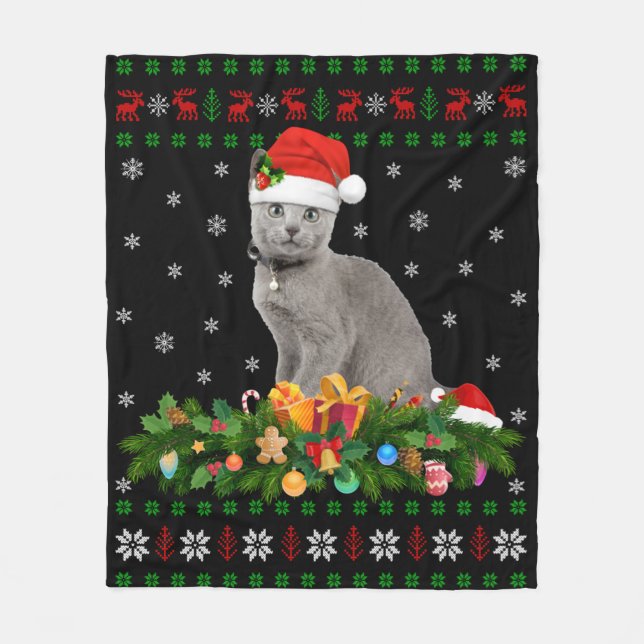 Cat Animal Lover Weihnachtsmannmütze Ugly Russian  Fleecedecke (Vorderseite)