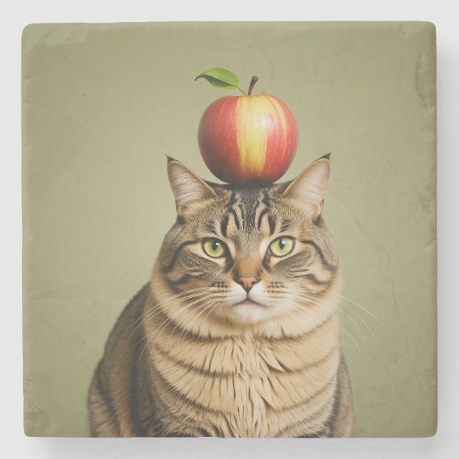 Cat Apple Steinuntersetzer (Vorderseite)