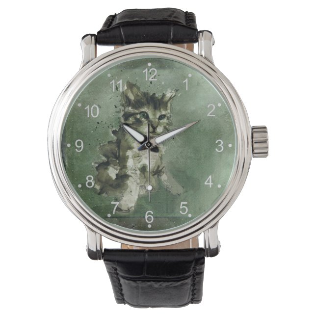 Cat Aquarell Armbanduhr (Vorderseite)