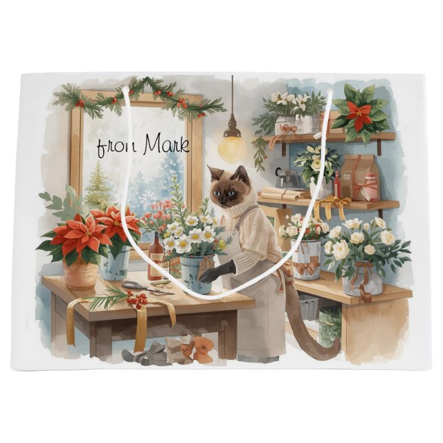 Cat arranging Winter Flowers for Christmas  Große Geschenktüte (Vorderseite)