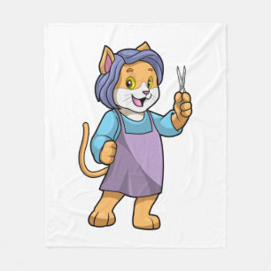 Cat as Hairdresser with Scissors Fleecedecke