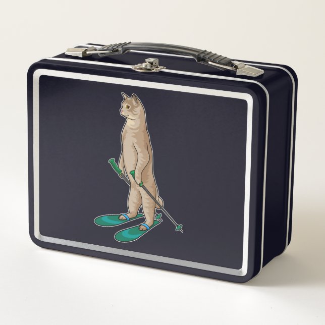 Cat as Skier with Ski & Ski poles Metall Brotdose (Vorderseite)