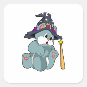 Cat as Wizard mit Zauberstab & Hut Quadratischer Aufkleber