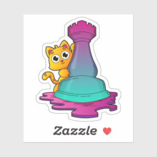 Cat at Chess with Chess piece Rook Aufkleber