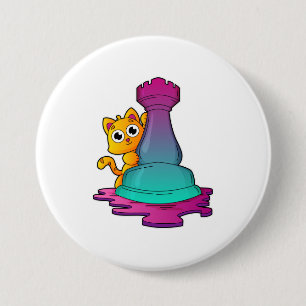 Cat at Chess with Chess piece Rook Button