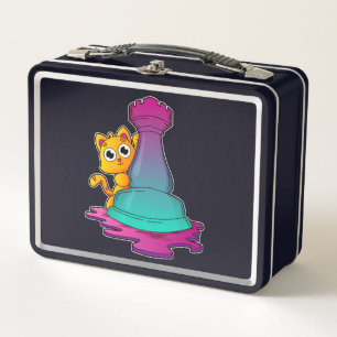 Cat at Chess with Chess piece Rook Metall Brotdose