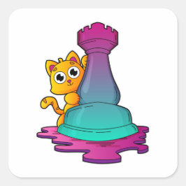 Cat at Chess with Chess piece Rook Quadratischer Aufkleber