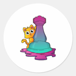 Cat at Chess with Chess piece Rook Runder Aufkleber