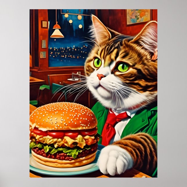 Cat at Diner Orders a Cheeseburger Poster (Vorne)