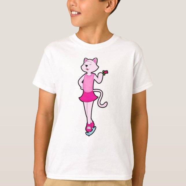 Cat at Ice Skaten mit Blume T-Shirt (Vorderseite)
