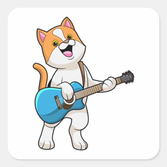 Cat at Music with Gitarre Quadratischer Aufkleber (Vorderseite)