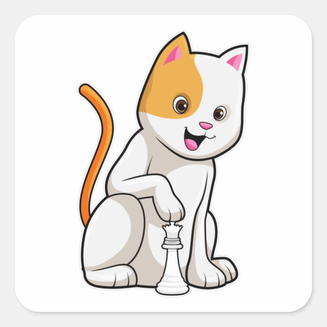 Cat at Schach mit Schachstück gepaart Quadratischer Aufkleber (Vorderseite)