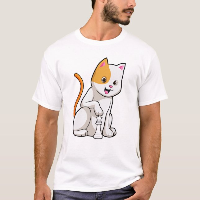 Cat at Schach mit Schachstück gepaart T-Shirt (Vorderseite)