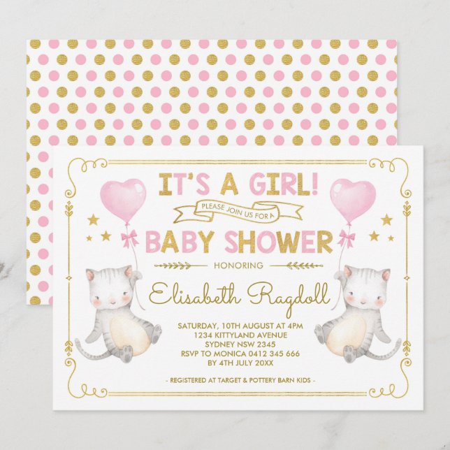 Cat Baby Girl Shower Kitten Pink Gold Cat Lover Einladung (Vorne/Hinten)
