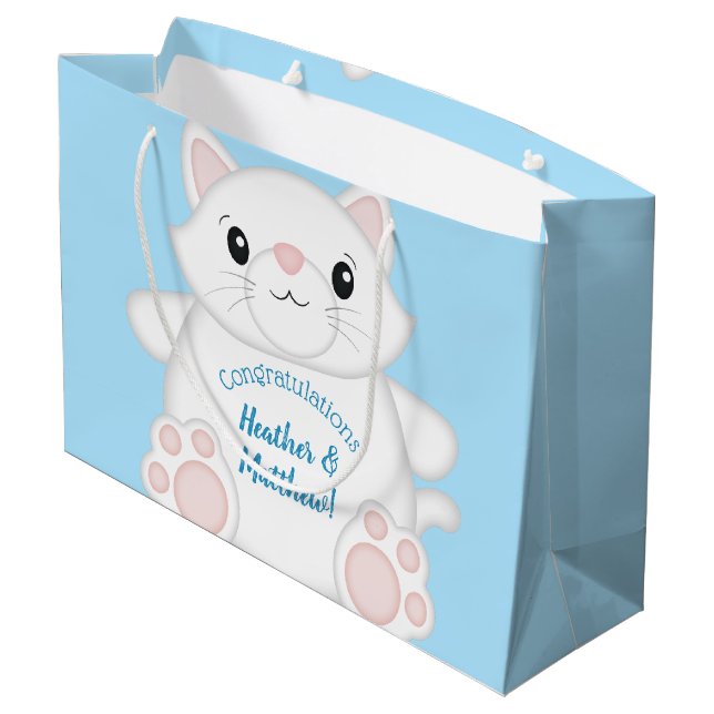 Cat Baby Shower Kitty Blue Große Geschenktüte (Rückseite Schrägansicht)