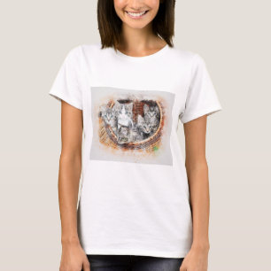 Cat Basket Kitten Art Abstract Vintage Watercolor. T-Shirt