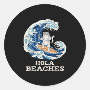 Cat Beaches Funny Japanese Hola Cat Surfing Runder Aufkleber