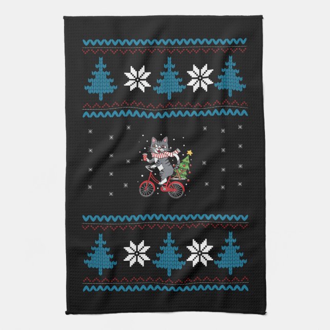 Cat Bicycle Ugly Christmas Geschirrtuch (Vertikal)