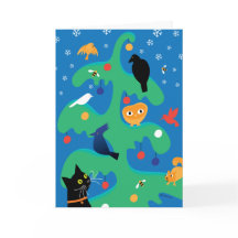 Cat Bird Christmas Tree Weihnachtskarte
