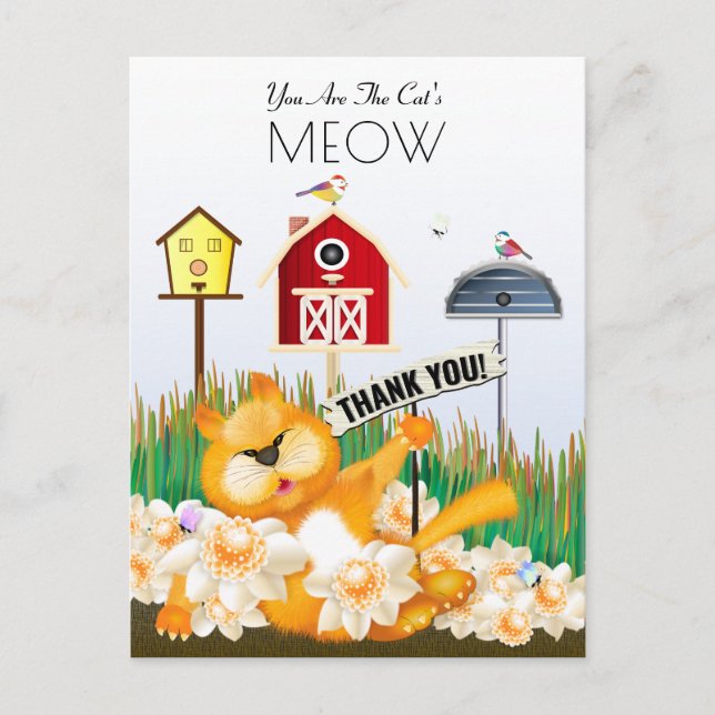 Cat Birds Garden Vielen Dank Postkarte (Vorderseite)