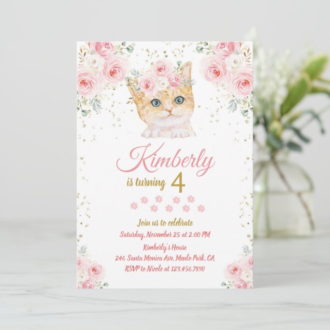 Cat Birthday Einladung Kitten Party Pawty Girl (Stehend Vorderseite)