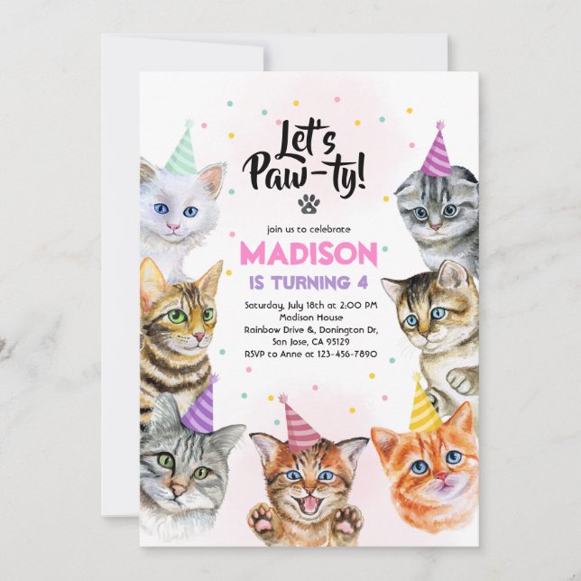 Cat Birthday Einladung Kitten Party Pawty Girl (Vorderseite)