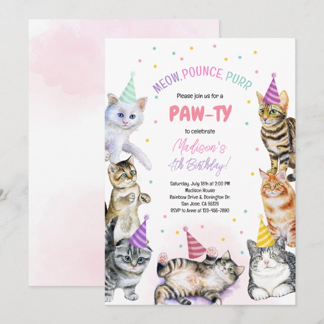 Cat Birthday Einladung Kitten Party Pawty Girl (Vorne/Hinten)