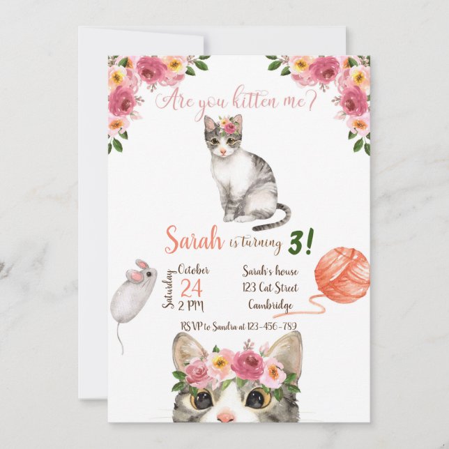 Cat Birthday Invitation, Cat Invitation, Kitty, Einladung (Vorderseite)