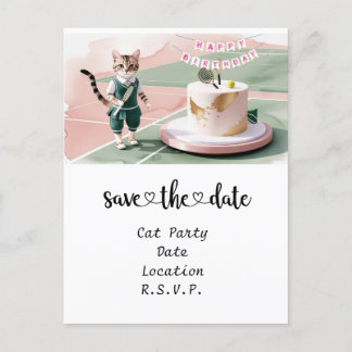 Cat Birthday Party beim Tennisplatz Einladungspostkarte