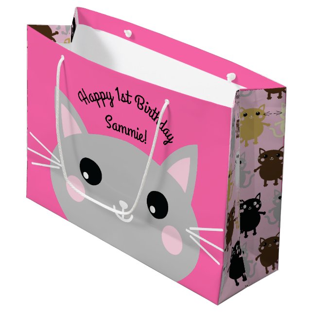 Cat Birthday Party Große Geschenktüte (Vorderseite Schrägansicht)