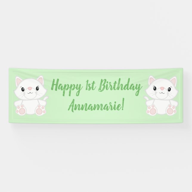 Cat Birthday Party Kitty Green Banner (Horizontal)