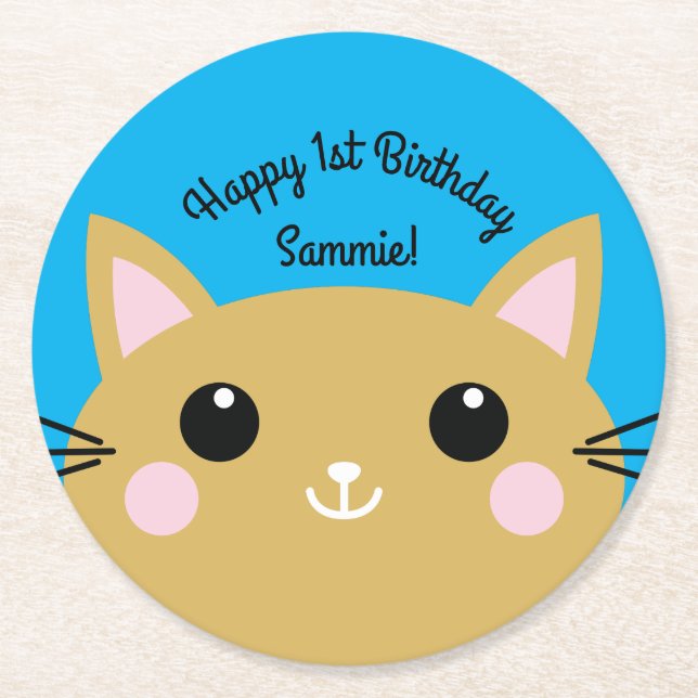 Cat Birthday Party Runder Pappuntersetzer (Vorderseite)