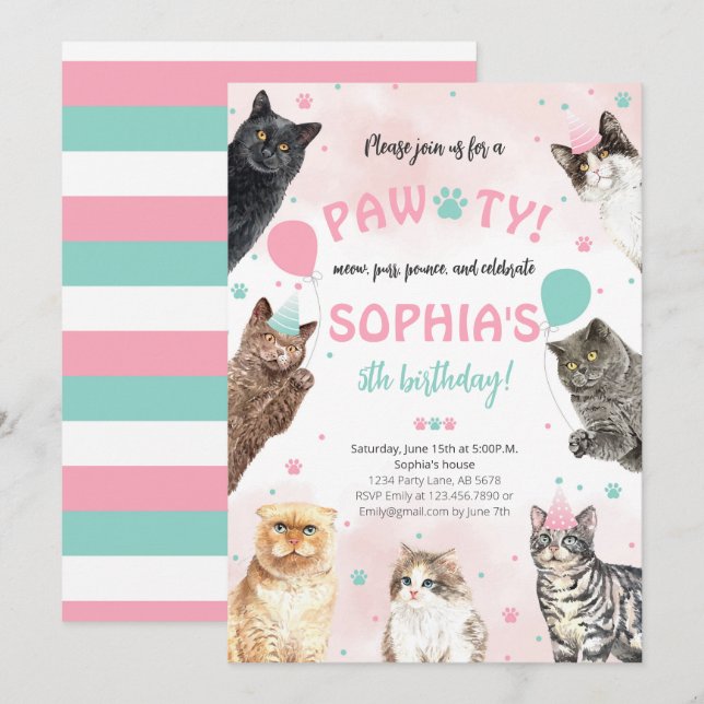 Cat Birthday Pawty Einladung (Vorne/Hinten)