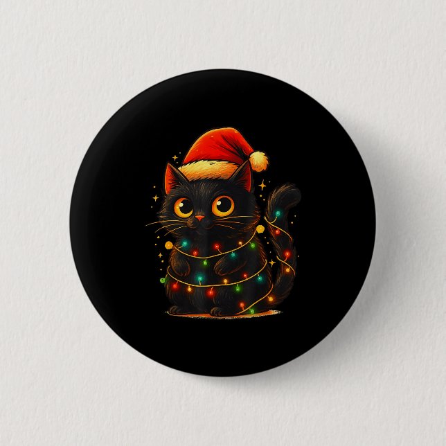 Cat Black Christmas Tree Lights Funny Santa Kitten Button (Vorderseite)