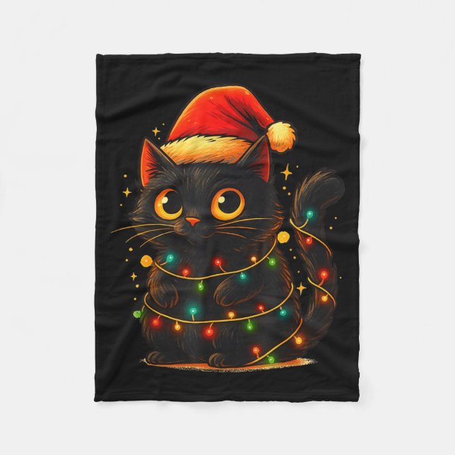 Cat Black Christmas Tree Lights Funny Santa Kitten Fleecedecke (Vorderseite)