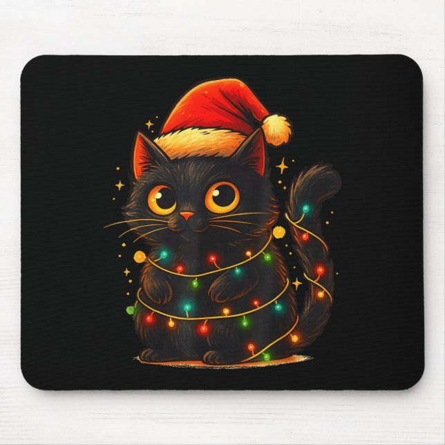 Cat Black Christmas Tree Lights Funny Santa Kitten Mousepad (Vorne)