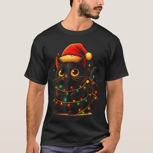 Cat Black Christmas Tree Lights Funny Santa Kitten T-Shirt (Vorderseite)