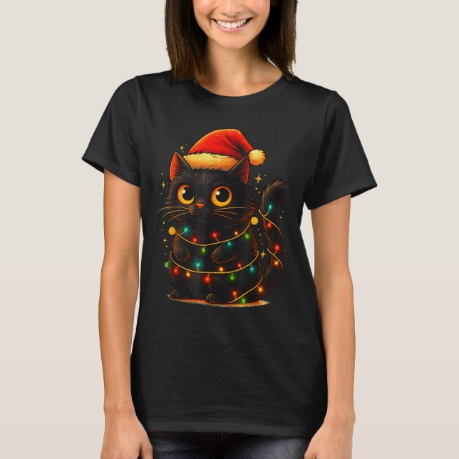 Cat Black Christmas Tree Lights Funny Santa Kitten T-Shirt (Vorderseite)